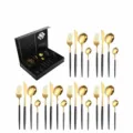 24pcs black gold stainless steel cutlery set steak knife fork spoon luxury tableware kit - Portuguese 24-Piece Set (Black Gold)