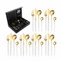 24pcs stainless steel cutlery set luxury gold white handle knife fork spoon kitchen tableware - Portuguese 24-Piece Set (White Gold)
