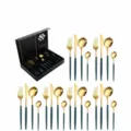 24-piece stainless steel cutlery set with gold finish and dark green handles for dining. - Portuguese Style 24-Piece Set (Dark Green & Gold)