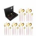24 pieces stainless steel cutlery set with pink handles and gold finish table knives forks spoons. - Portuguese Style 24-Piece Set (Pink & Gold)