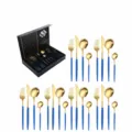 24 Pcs Gold Stainless Steel Cutlery Set Knife Fork Spoon Blue Handle Gift Box - Portuguese 24-Piece Cutlery Set (Blue & Gold)