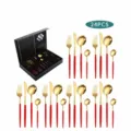 24-piece stainless steel cutlery set with elegant gold finish and red handles for dining. - Portuguese 24-Piece Cutlery Set (Red & Gold)