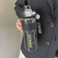 Premium large capacity charcoal sports water bottle with straw and portable carry strap - 800ML / Black