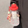 Detailansicht der süßen apfelförmigen Trinkflasche mit Einsatz, Trageband und Eis. - Roter Apfel 600-ml-Kunststoffbecher mit Teesieb