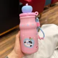 Bouteille isotherme rose mignonne avec paille, gourde en acier inoxydable pour étudiants. - Bleu avec Autocollants 3D