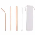 Stainless steel straw set reusable metal drinking straws with cleaning brush and pouch - White Cloth Bag / Three-Piece Set / Rose Gold