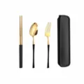 Tragbares edelstahl besteckset mit staebchen loeffel gabel und aufbewahrungsbox - Tailliertes Schwarz-Gold-Design - 3-teiliges Set