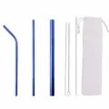 304 roestvrij staal rietjes set kleurrijke metalen rietjes met borstel en opbergtasje - Witte Stoffen Zak / 3-delige set / Blauw