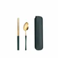 Edelstahl tragbares Besteckset mit Stäbchen Löffel und Aufbewahrungsbox grün gold - Tailliertes Grün & Gold - 2er-Set