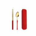 Edelstahl portugiesisches tragbares Besteckset mit Stäbchen, Löffel und Aufbewahrungsbox. - Tailliertes Rot-Gold - 2er-Set