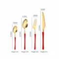 Gold stainless steel cutlery set with red handles, 4-piece knife spoon fork set with detailed size specs. - Red & Gold 4-Piece Set