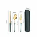 Edelstahl tragbares portugiesisches Besteckset mit Stäbchen, Löffel, Gabel und Aufbewahrung. - Tailliertes Grün & Gold - 3er-Set