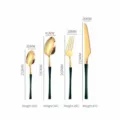 Stainless steel 4-piece cutlery set with gold head and green handle, size and weight chart. - Dark Green & Gold 4-Piece Set