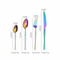 Stainless steel flatware set sizing chart showing dimensions and weight for knife, fork and spoons. - Iridescent 4-Piece Set