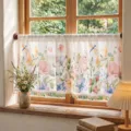 Watercolor floral café curtain with tassel, short window curtain for kitchen cabinet decor. - Watercolor Floral