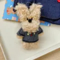 Detailansicht des niedlichen lockigen Plueschhund Schluesselanhaengers mit Brille. - Ketten-Stil / Gekleideter Hund (Braun)