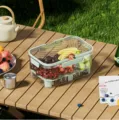 Double layer fresh keeping box portable outdoor picnic fruit and vegetable storage container - With Ice Pack And Divider / Green