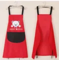 Waterproof kitchen apron with cute bear print, black pocket, and straps for cooking. - Waterproof Bear Style [Red]