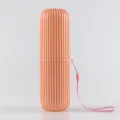Portable striped toothbrush case travel wash cup container with lanyard in peach pink color. - Pink