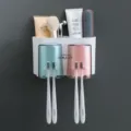 Wall-mounted toothbrush holder set with two cups and four toothbrush slots for bathroom organization. - 2-Port