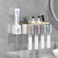 Wall mounted toothbrush holder set, punch free bathroom storage rack with toothpaste dispenser cups. - Gold-Plated Toothbrush Holder [4 Slots + Squeezer]