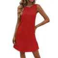 Red sleeveless pleated mini dress for women, casual round neck summer short party dress. - Red