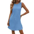 2026 Summer European Style Sleeveless Pleated Mini Dress Casual Round Neck Beachwear Outfit - Sky Blue