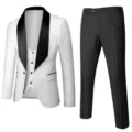 Detail view of men white floral jacquard 3 piece suit tuxedo jacket vest and black trousers. - XXL(52) / White