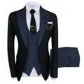 Herren Slim Fit 3-teiliger Anzug mit Kontrastrevers Hochzeit Business Smoking Set - Marineblau