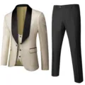 Mens jacquard 3 piece slim suit wedding business casual jacket vest pants detail view - XXL(52) / Apricot