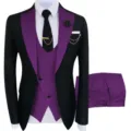 Costume homme slim 3 pièces élégant noir et violet avec blazer gilet pantalon pour mariage. - Violet