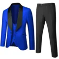 Detailed view of men royal blue jacquard 3-piece suit with black shawl lapel and trousers. - XXL(52) / Red