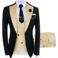 Costume 3 pieces homme slim fit avec revers contraste, ideal pour mariage et fete. - M=46/31 / Kaki