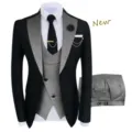 Costume trois pieces homme formel affaires mariage blazer gilet pantalon noir et gris - M=46/31 / Gris