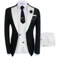 Costume trois pièces pour homme coupe slim avec veste noire à revers blancs et gilet assorti. - Blanc