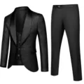 Detail view of black jacquard men's 3-piece suit jacket and trousers for wedding business. - XXL(52) / Black
