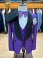 Men purple suit three piece slim fit groom tuxedo wedding prom party jacket vest pants - S 44 / Purple