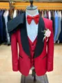 Men slim fit red tuxedo suit 3-piece set with black shawl lapel and matching bow tie. - S 44 / Red