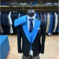 Costume 3 pièces homme slim veste noire gilet bleu pantalon mariage tenue formelle - Bleu ciel