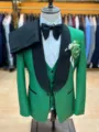 Men green slim fit 3-piece suit tuxedo with black shawl lapel, vest, trousers and bow tie. - S 44 / Verdant