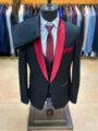 Ανδρικό κοστούμι 3 τεμαχίων slim fit με κόκκινο πέτο shawl, γιλέκο και παντελόνι. - XXXXL 56 / Σετ / Κόκκινο
