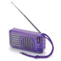 Detailansicht des tragbaren lila kabellosen Bluetooth-Lautsprechers mit Antenne und Tasten. - Lila