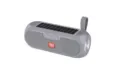Detailed view of grey portable solar bluetooth speaker with top solar panel and carrying strap. - Silver Gray