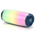 Détail de l'enceinte Bluetooth cylindrique présentant des lumières LED colorées et le logo. - Bleu