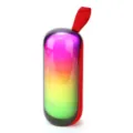 Vue détaillée du mini haut-parleur Bluetooth portable avec lumières RGB et sangle rouge. - Rouge