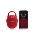 Nahaufnahme des roten tragbaren Bluetooth-Lautsprechers mit Karabiner und Smartphone. - Rot