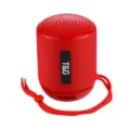 Detailansicht des tragbaren Mini-Bluetooth-Lautsprechers mit rotem Netz und Trageband. - Rot