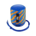 Vista dettagliata di un mini altoparlante bluetooth portatile blu e arancione con comodo cordino. - Blu Marmorizzato