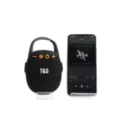 Tragbarer kleiner Bluetooth-Lautsprecher Detailansicht mit Karabiner und Smartphone-Größenvergleich. - Schwarz