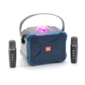 Detailed view of portable wireless Bluetooth karaoke speaker with dual microphones and disco light. - Blue